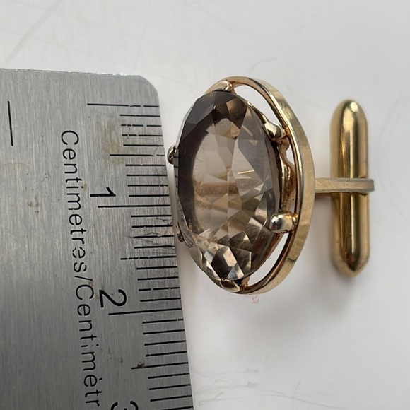 Large Gold Tone Oval Smokey Quartz Cufflinks Vintage - Picture 8 of 8